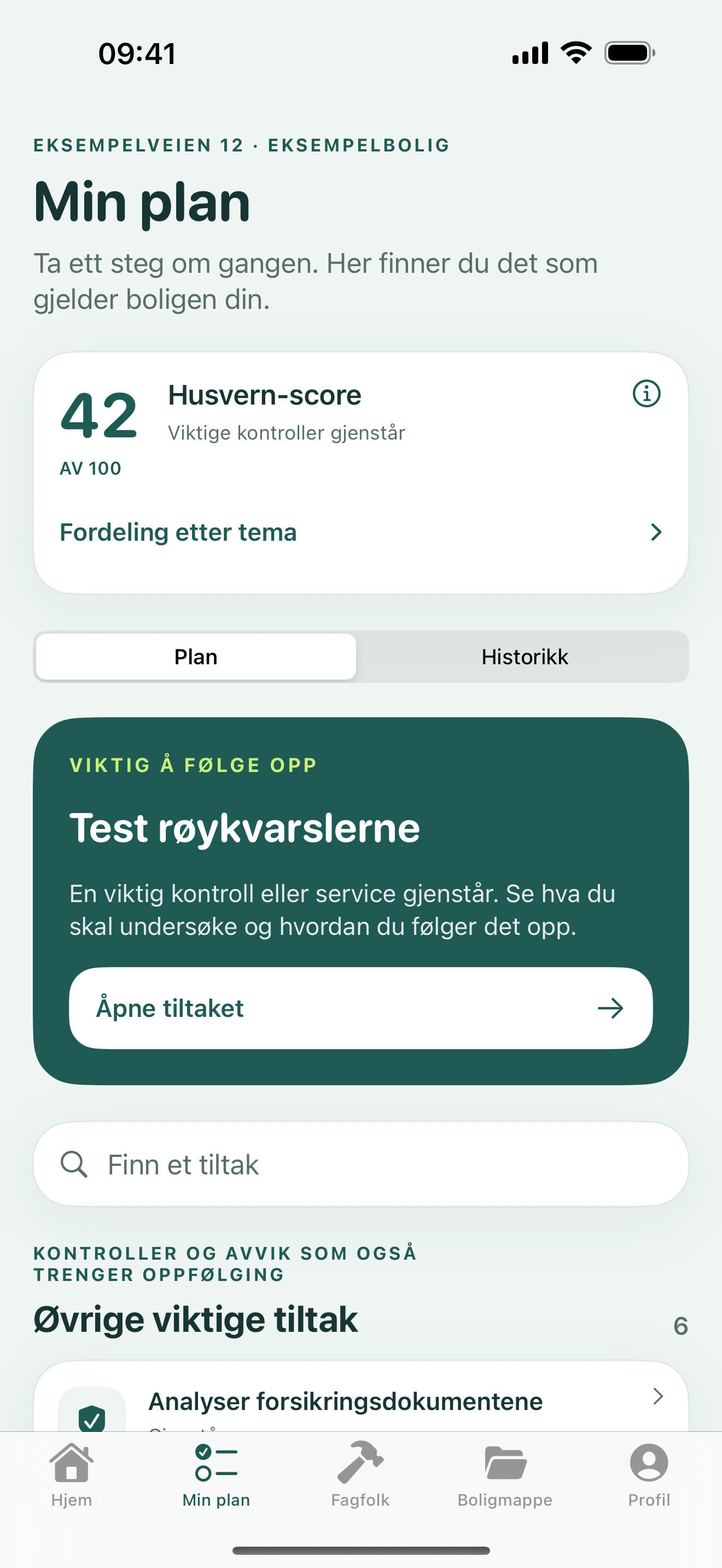 Min plan med Husvern-score og prioriterte kontroller for en eksempelbolig
