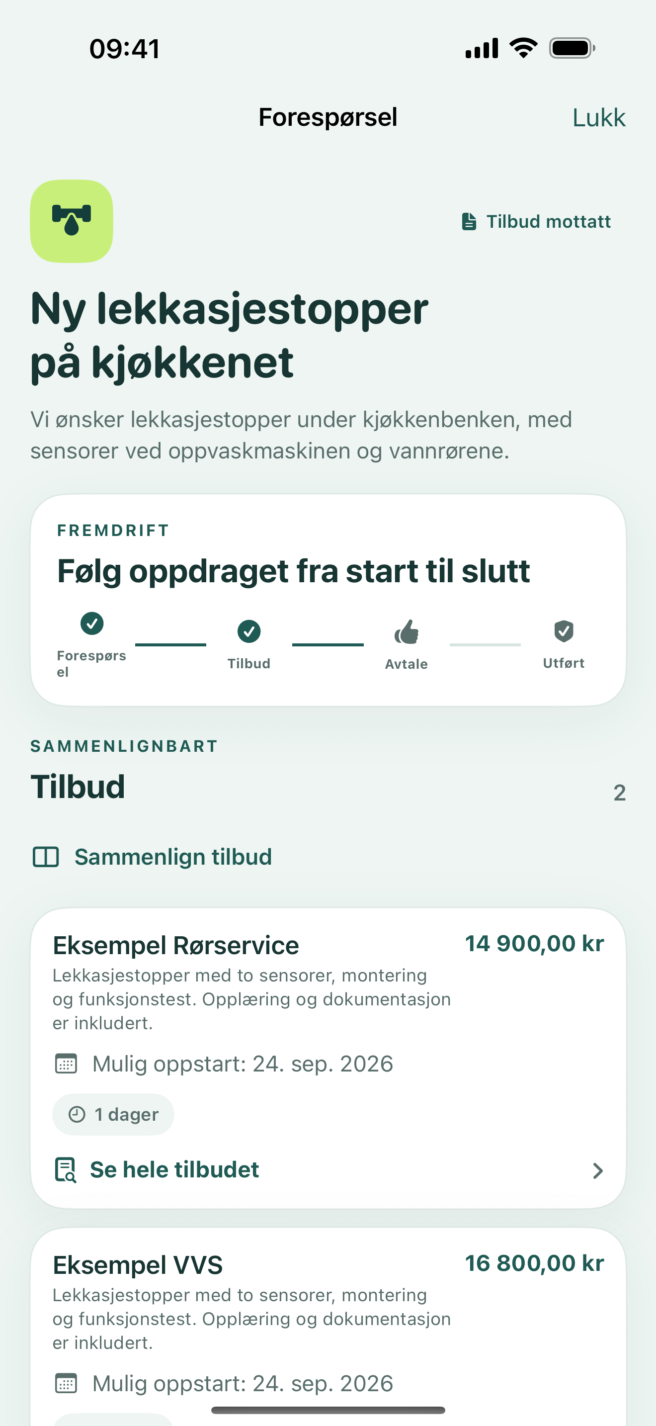Forespørsel om lekkasjestopper med fremdrift og to fiktive tilbud